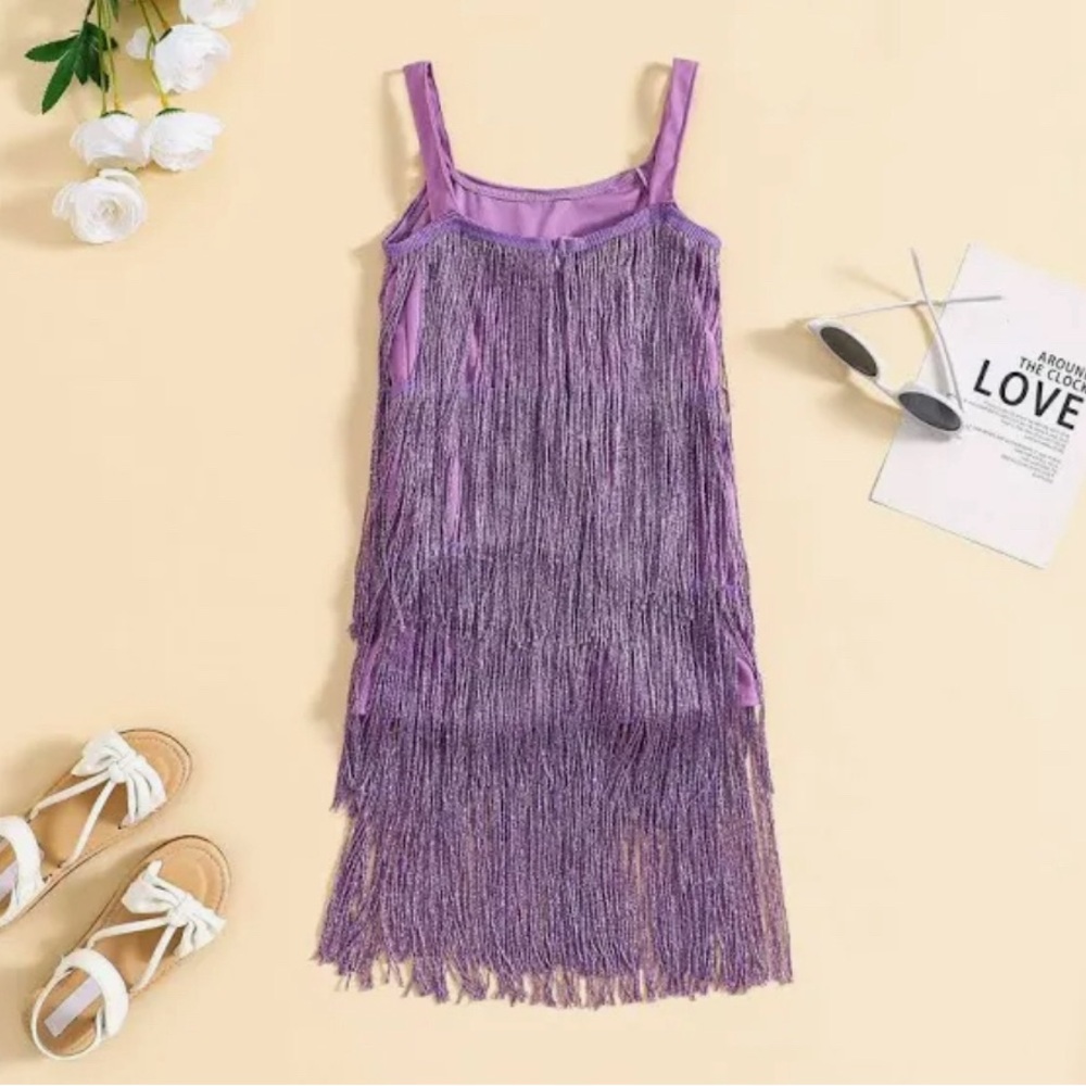 BAIWAYS Purple Sequin Fringe Tassel Dress Dance Vintage- Size 140 (5-6yr)